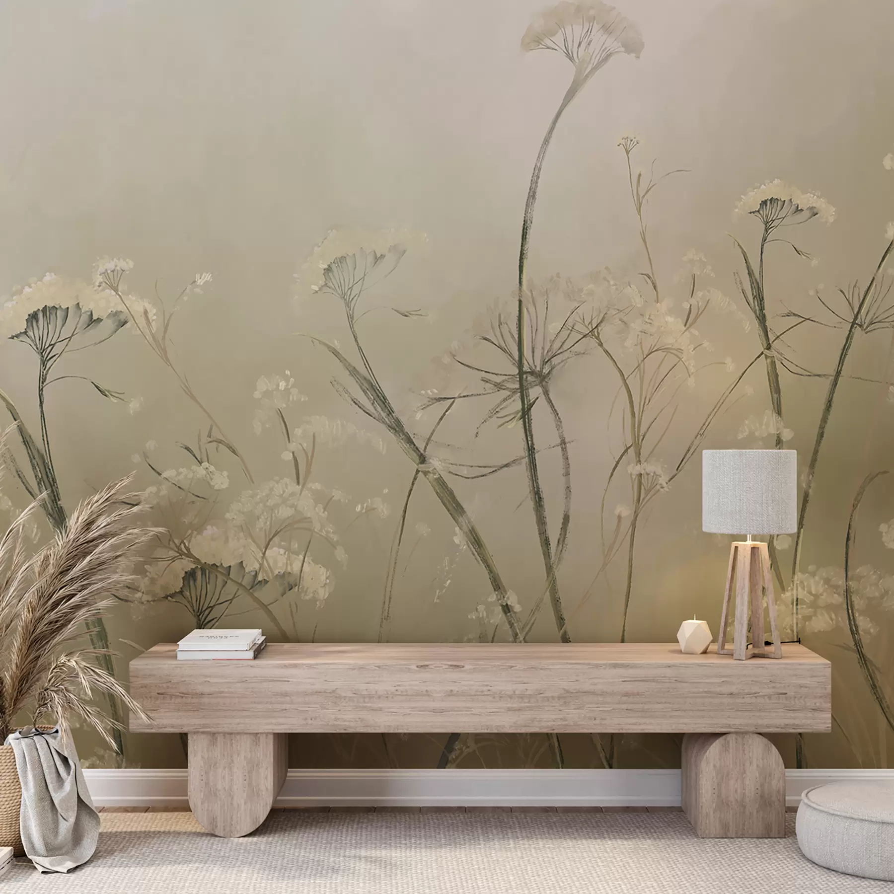 Wall Mural Photo Wallpaper White wildflowers in a misty field with soft, blurred sepia background w00903v1