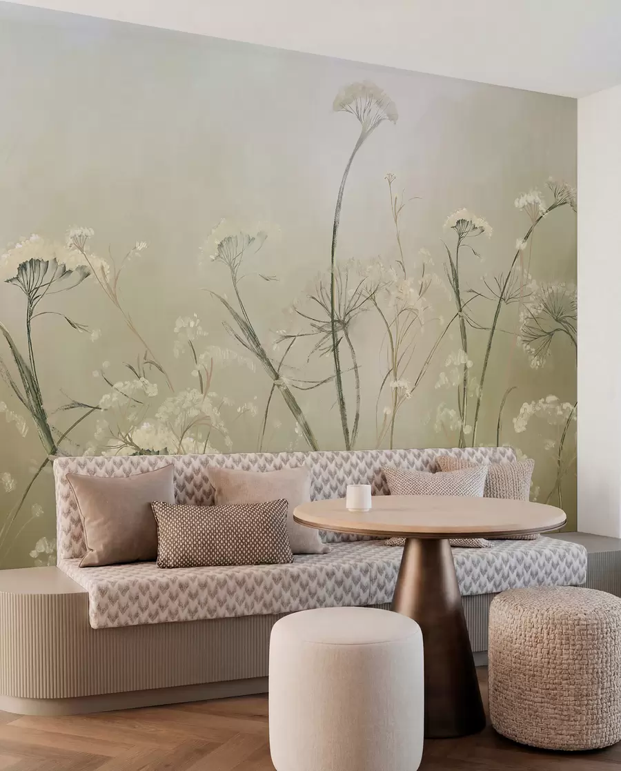 Wall Mural Photo Wallpaper White wildflowers in a misty field with soft, blurred sepia background w00903v1