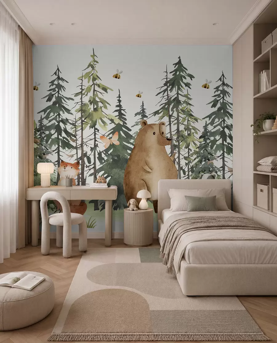 murales Una escena de bosque con animales y varios pinos al fondo w00905