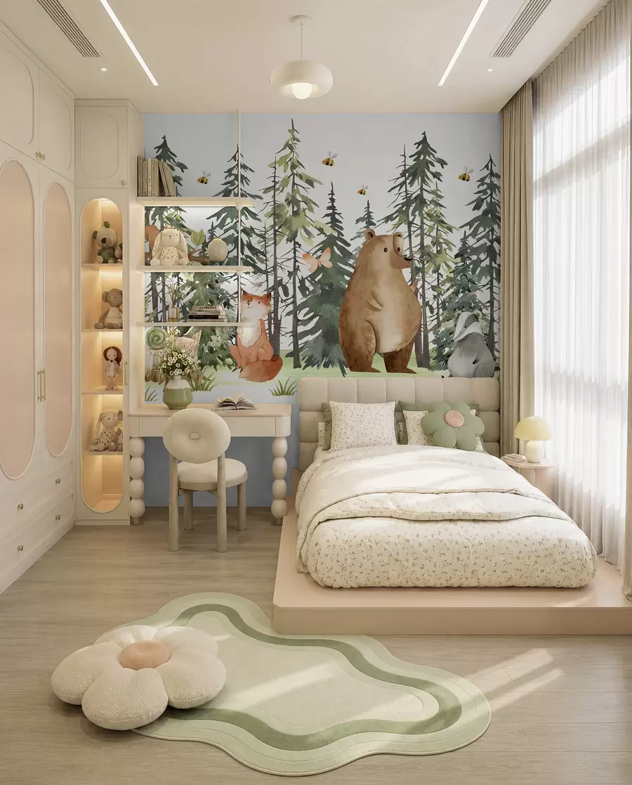 murales Una escena de bosque con animales y varios pinos al fondo w00905