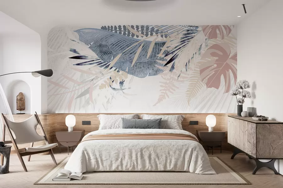 Wall Mural Photo Wallpaper Modern botanical design tropical textured palm leaf pattern with various shades of blue, gray, and pink w00908