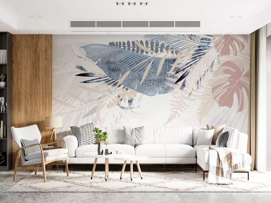 murales Diseño botánico moderno con textura tropical de hojas de palma con varios tonos de azul, gris y rosa w00908