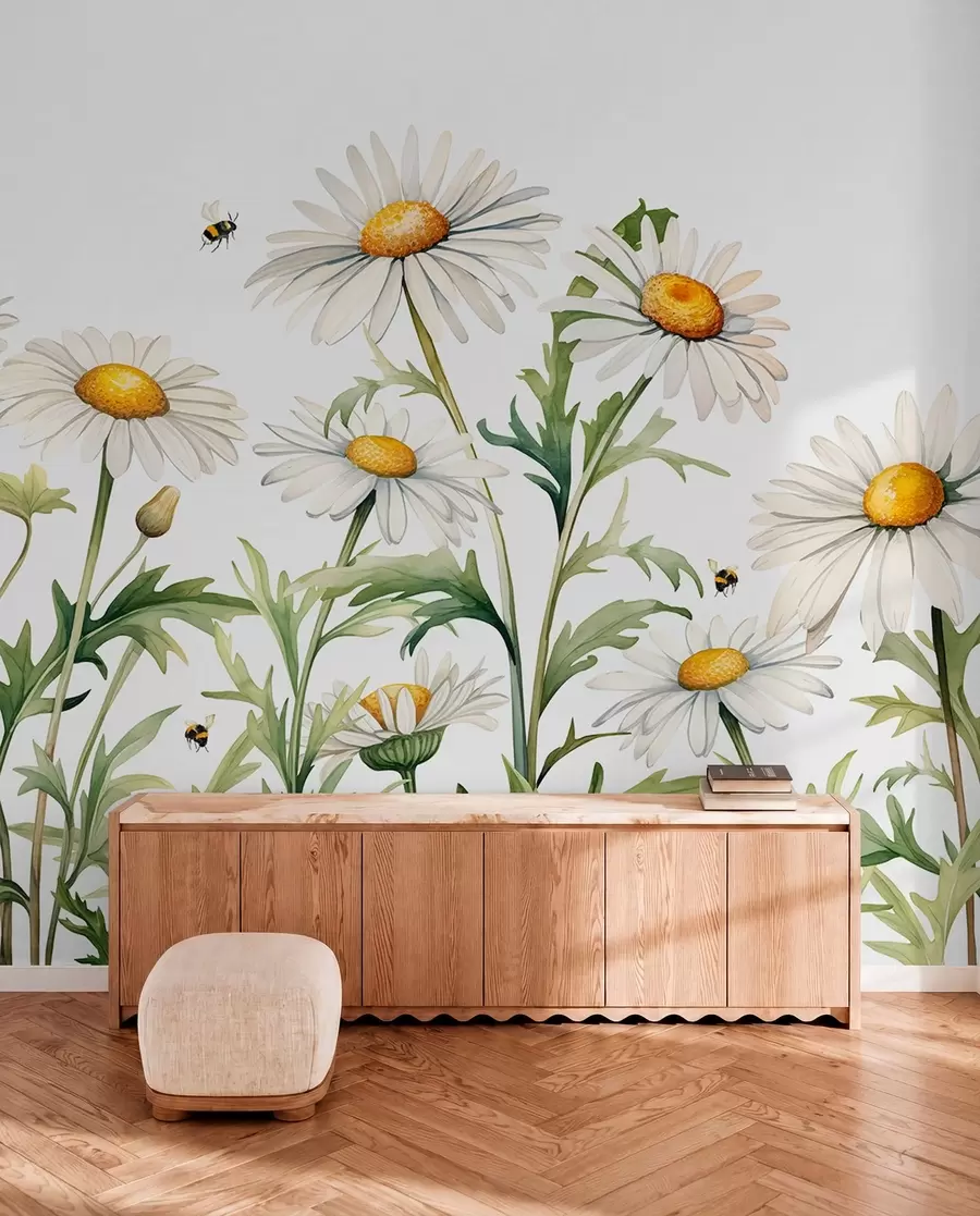 peintures murales Marguerites blanches en fleurs, abeilles volant illustration de plante aquarelle, couleur verte, blanche, jaune w01176