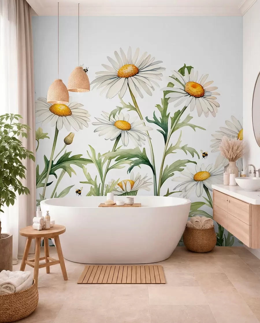wall murals White daisies blooming, bees flying watercolor plant illustration, green, white, yellow color w01176