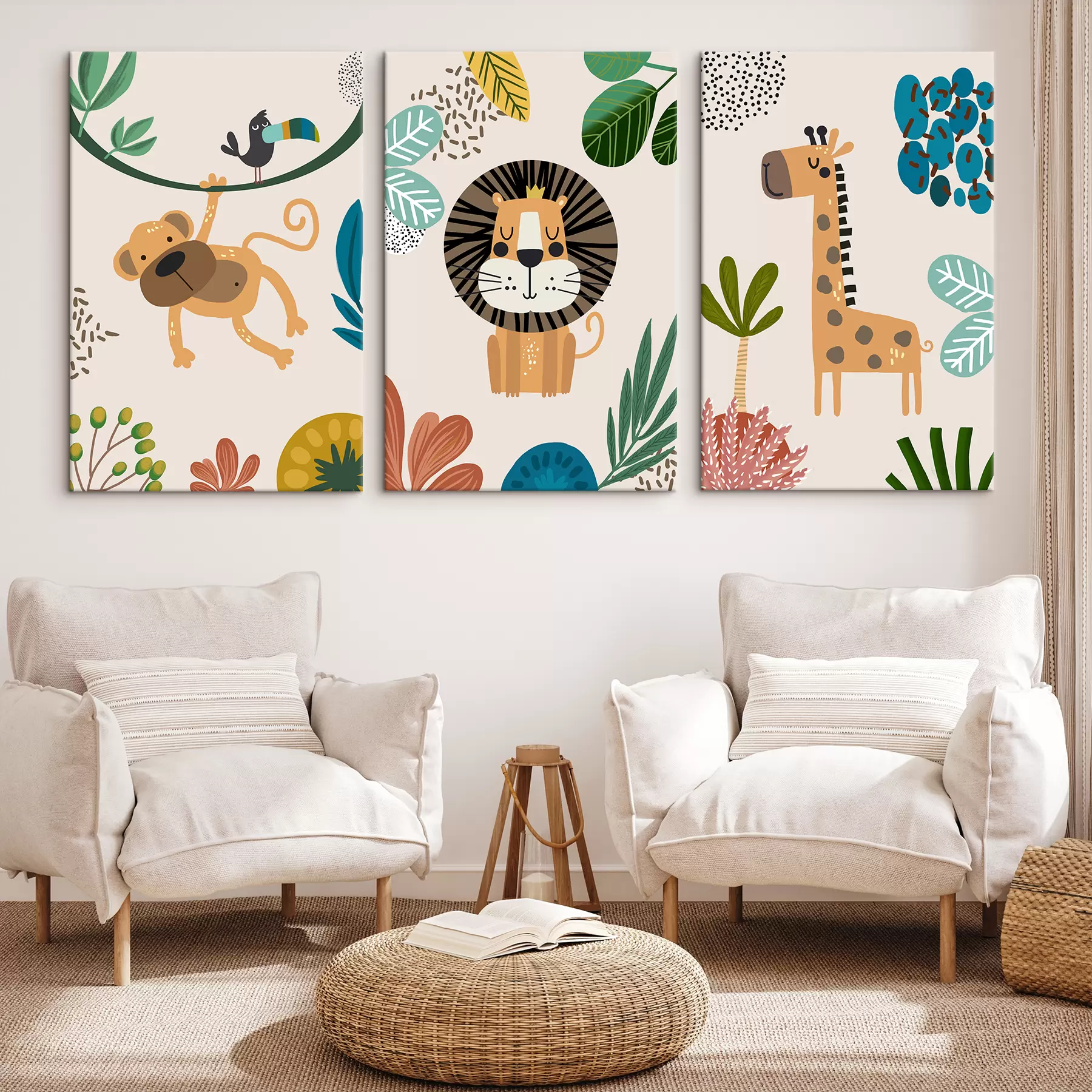 murales Animales en la selva al estilo safari, boho: mono, león, jirafa m00332