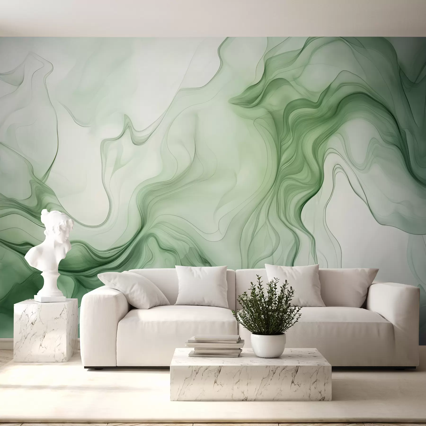 murales Ondas abstractas verdes sobre un fondo claro w01185