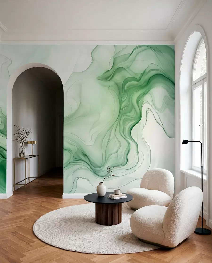 Wall Mural Photo Wallpaper Green abstract waves on a light background w01185