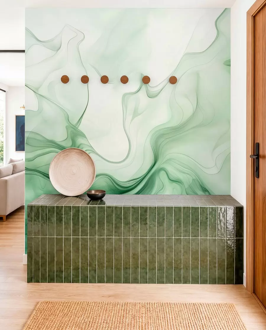 peintures murales Vagues abstraites vertes sur fond clair w01185
