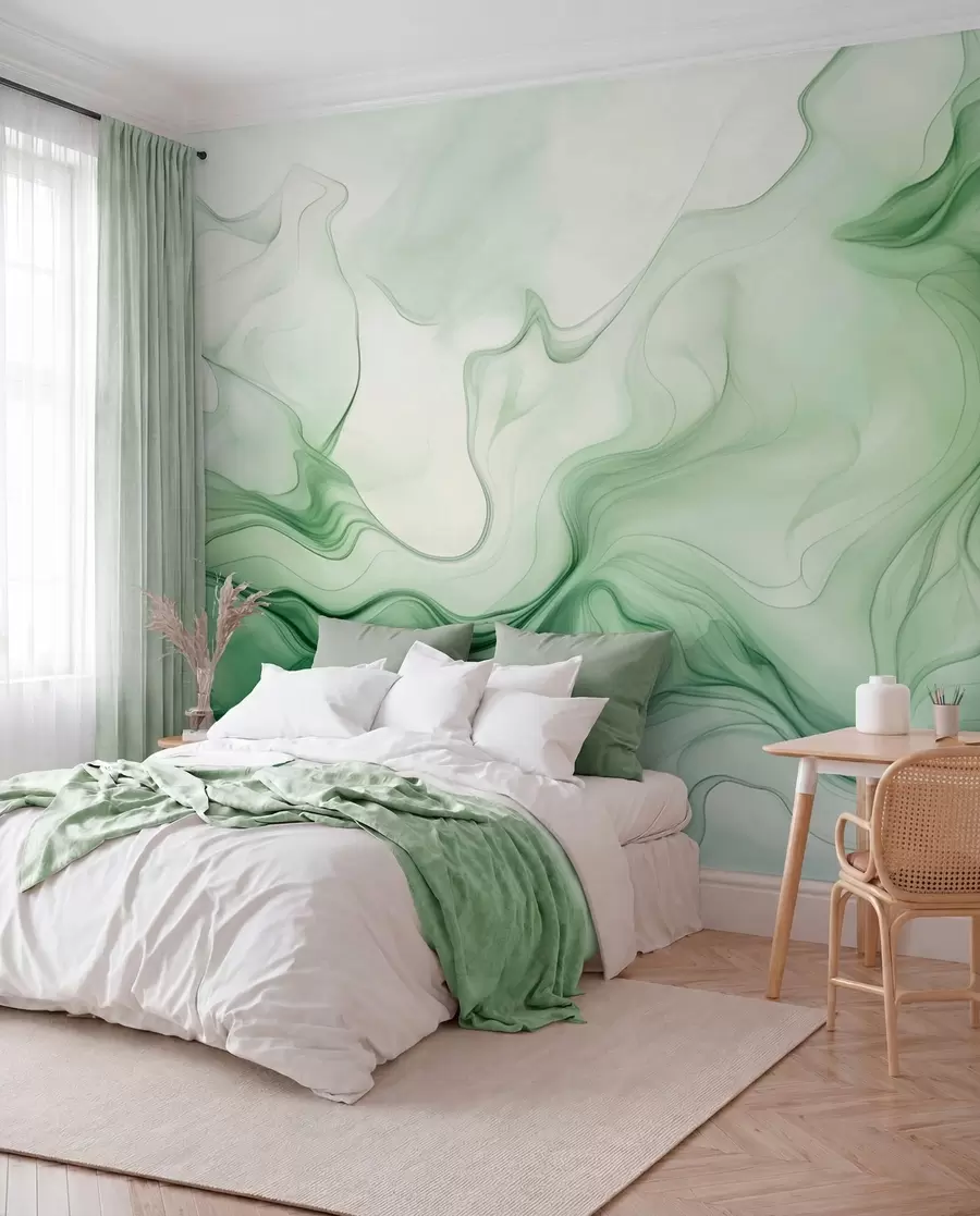 peintures murales Vagues abstraites vertes panoramiques sur fond clair w01185d1