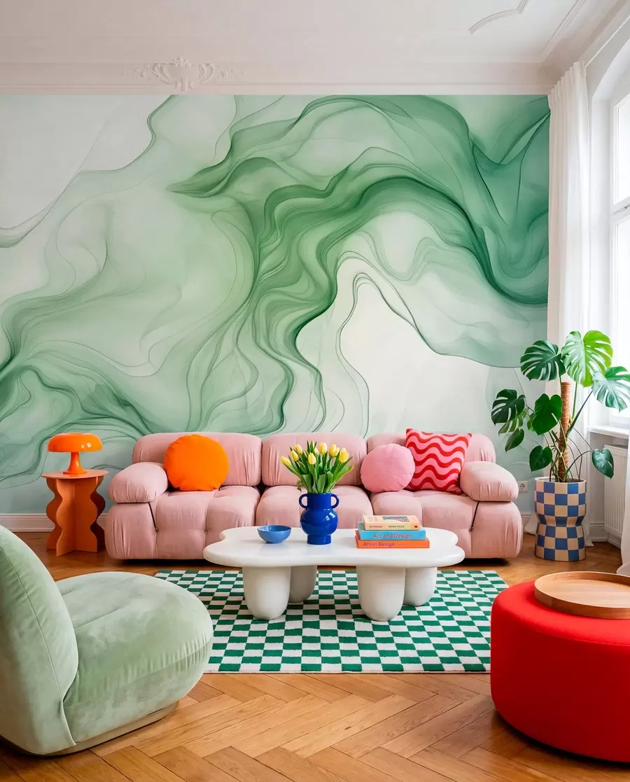 Wall Mural Photo Wallpaper Panoramic green abstract waves on a light background w01185d1