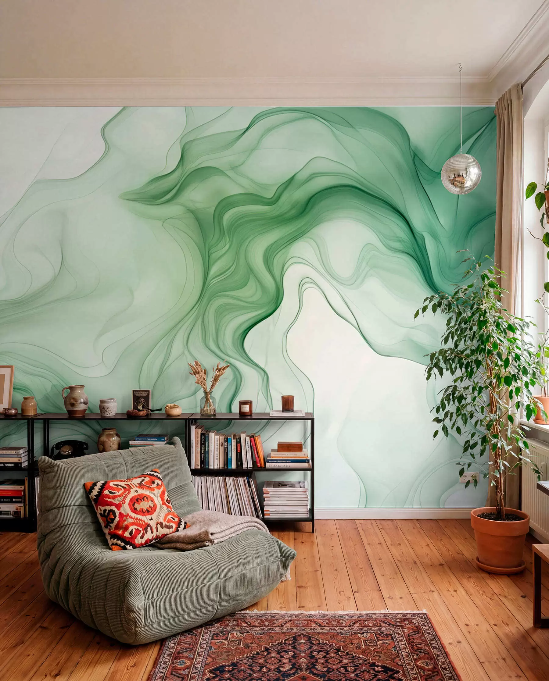 wall murals Panoramic green abstract waves on a light background w01185d1