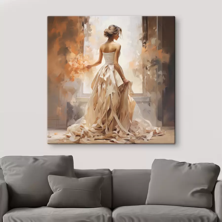 wall murals A girl in a white wedding long dress stands at the window among the fire, painting with handmade s39125