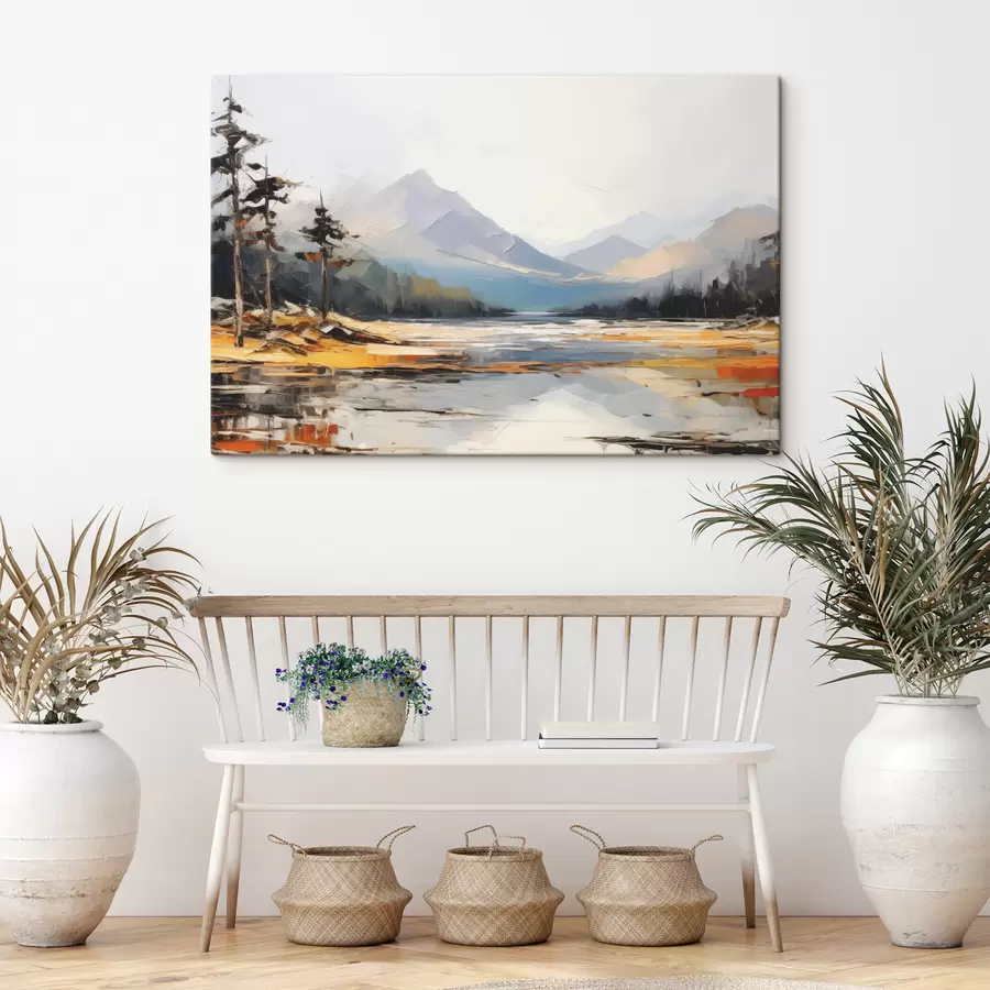 wall murals Mountain ranges in the valley oil painting, landscape, nature, blue, white yellow color s39128