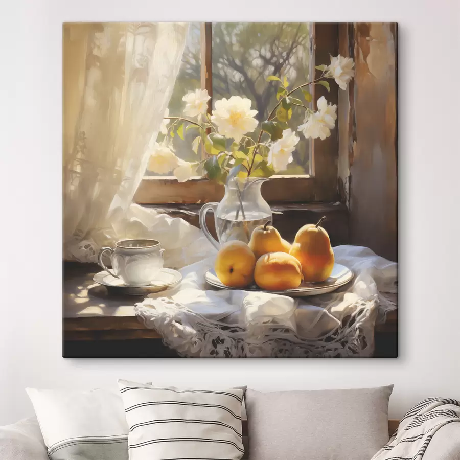 murales Bodegón rústico de peras maduras amarillas en un plato sobre una mesa junto a la ventana, rosas blancas en una jarra de vidrio, cortinas de encaje blanco s39129