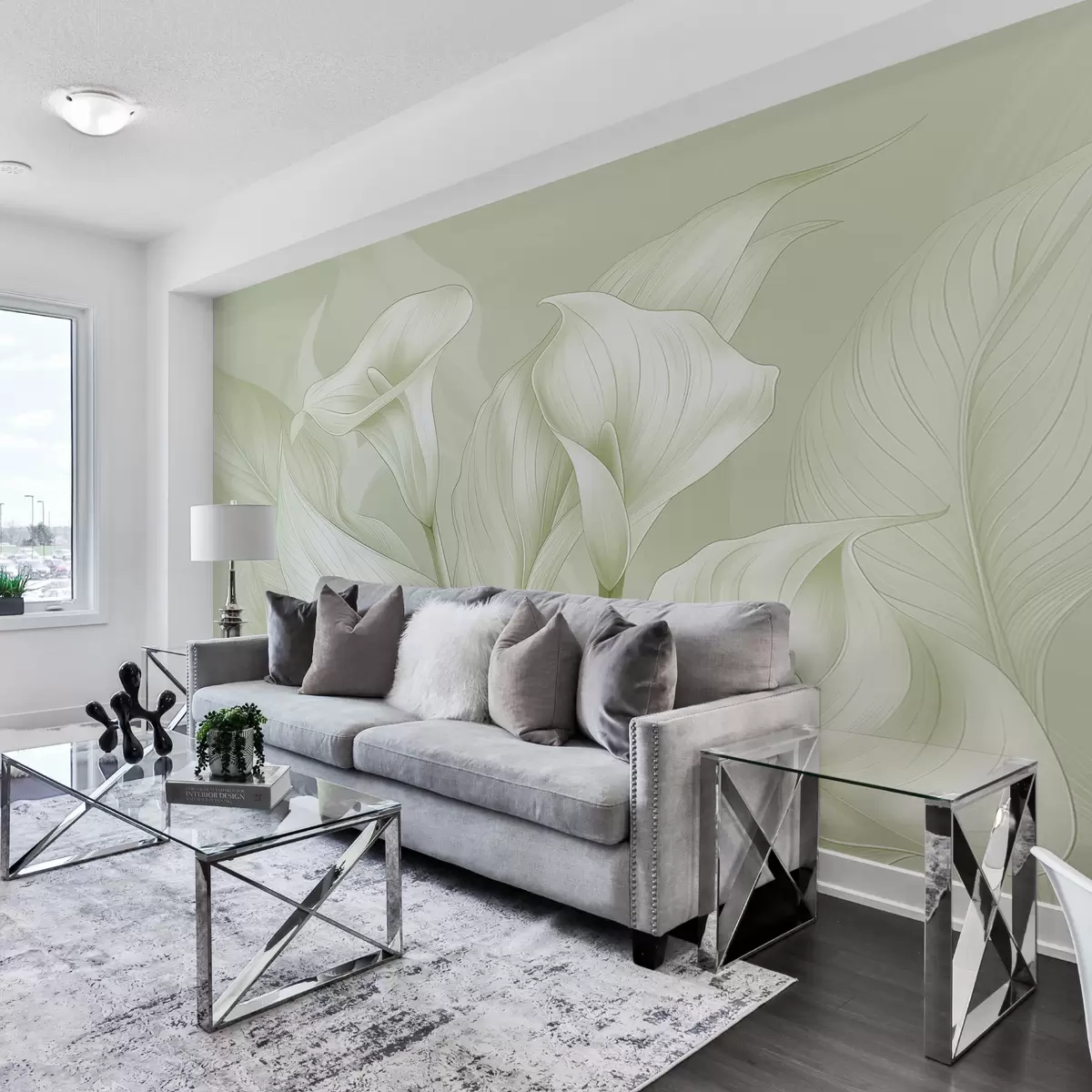 wall murals delicate flowers in green color w01195v3