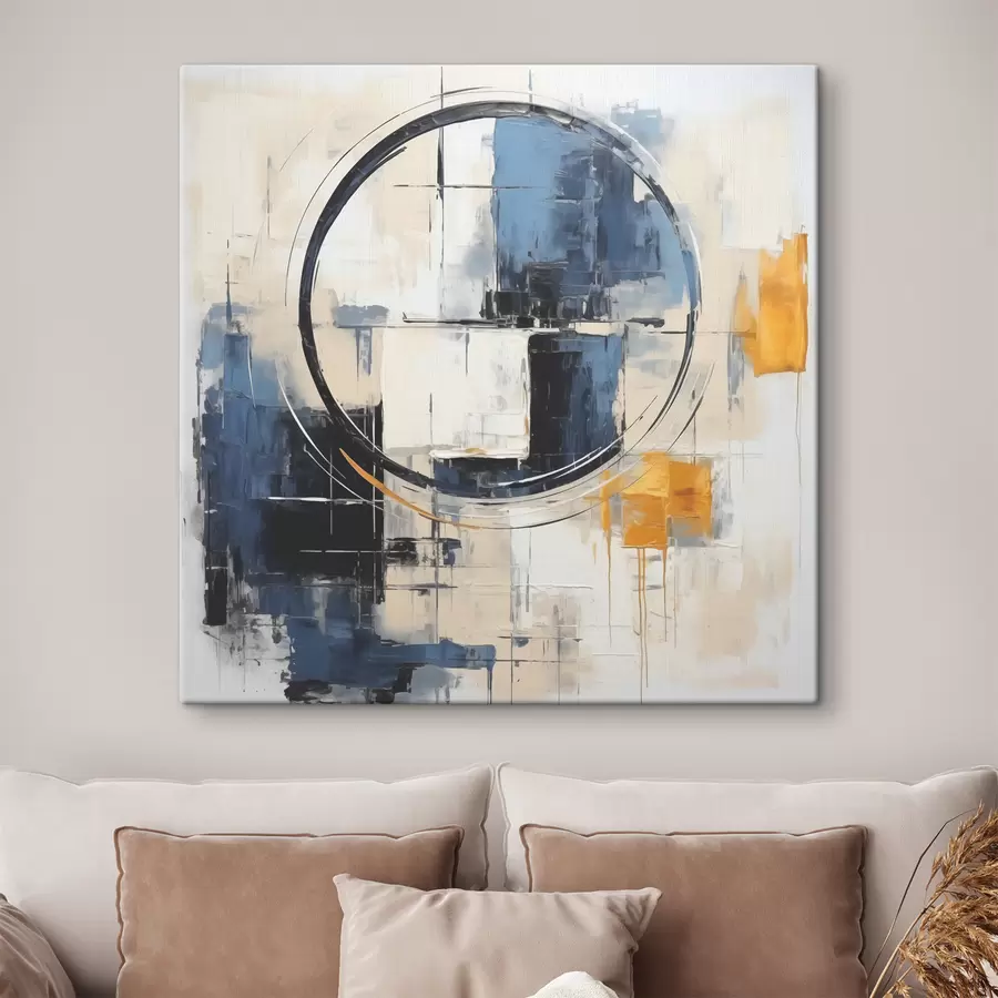 wall murals Abstract cubism, blue, orange, white strokes, circular figure s39179