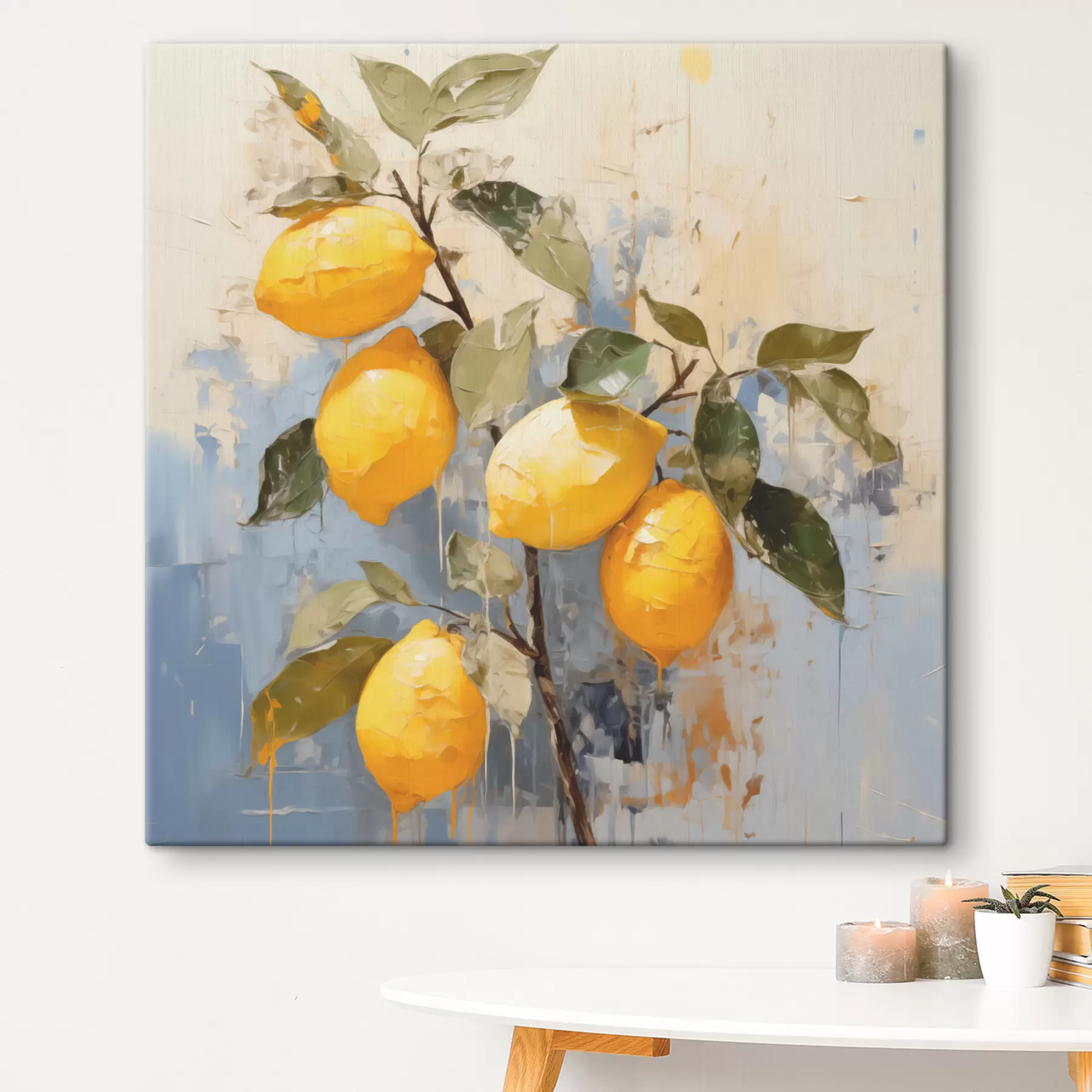 wall murals Branch with ripe lemons oil painting abstract art, yellow, blue and green color s39186