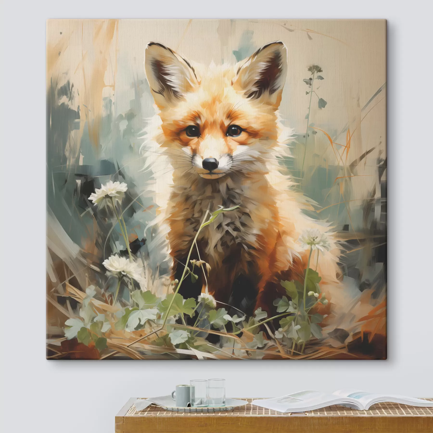 wall murals Red fox sitting in dry grass on a green background oil painting s39191