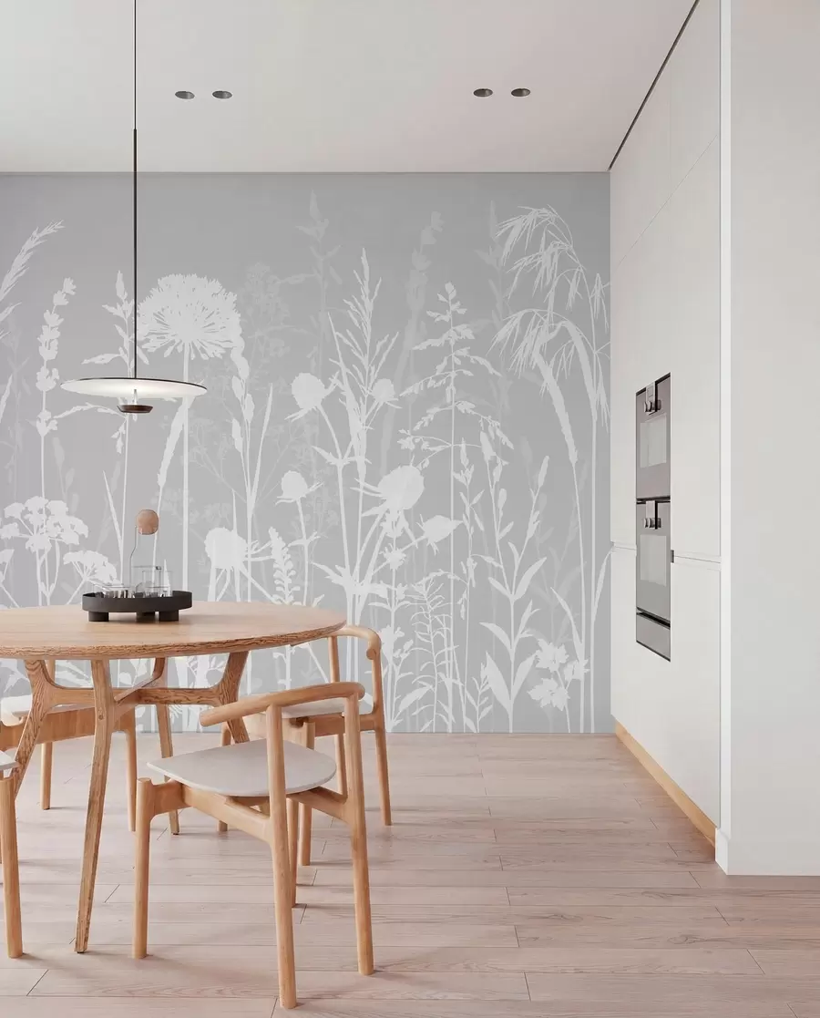 murales Suaves plantas de campo y flores minimalistas de color gris w01270v1