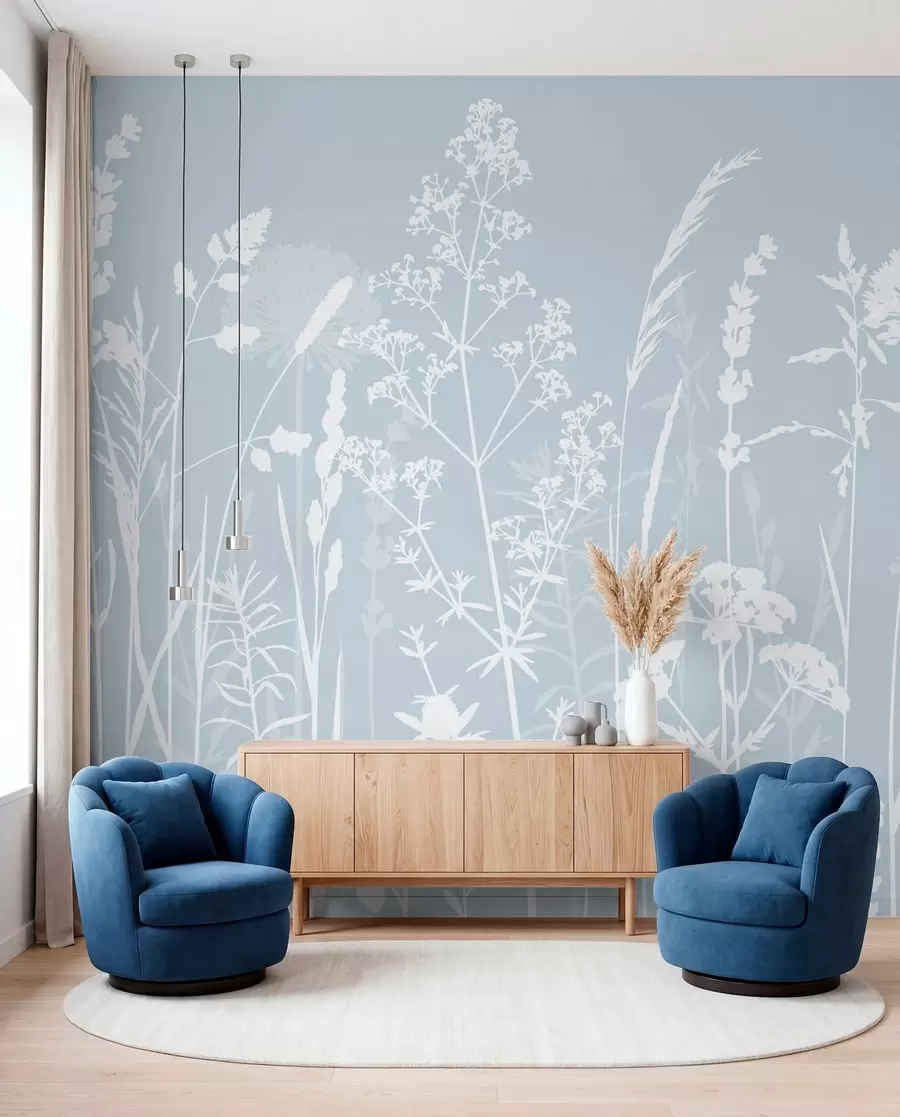 murales Suaves plantas de campo y flores minimalistas de color gris w01270v4