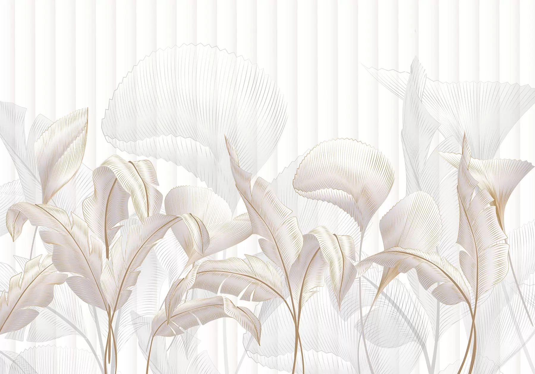 wall murals A close-up view of tropical leaves against a white background, with textured background w01237