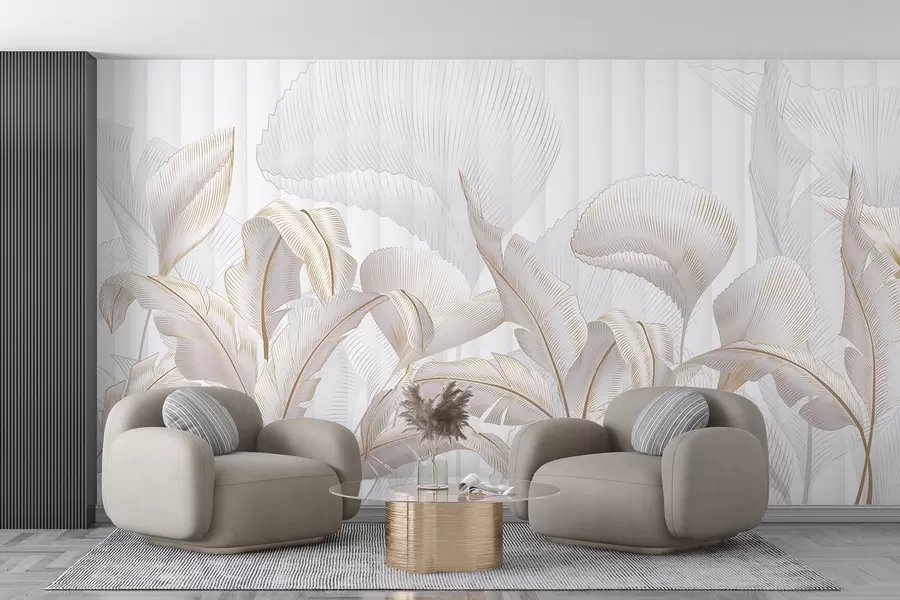Wall Mural Photo Wallpaper A close-up view of tropical leaves against a white background, with textured background w01237