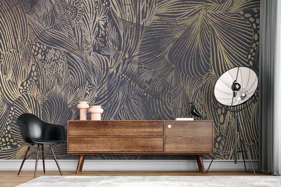 murales Lujoso estampado de textura abstracta con formas y líneas orgánicas superpuestas w01243