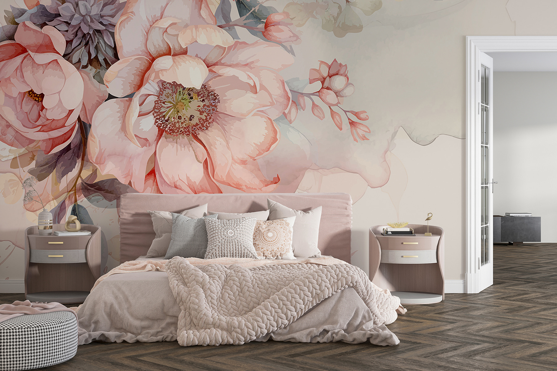 Wall mural Watercolor pink peonies with delicate petals, surrounded by ...