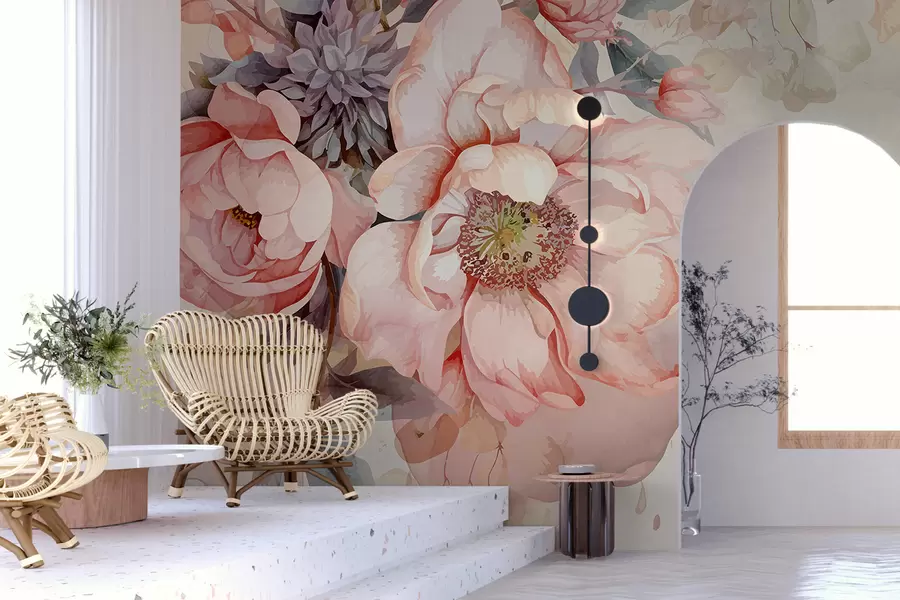 Wall Mural Photo Wallpaper Watercolor pink peonies with delicate petals, surrounded by lush pastel greenery and other flowers  w01245