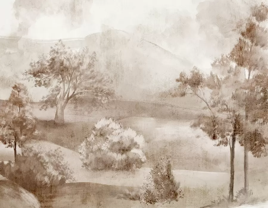 peintures murales Peinture de paysage représentant une scène de campagne brumeuse entourée d'arbres luxuriants et de feuillage dans des tons de brun w01247