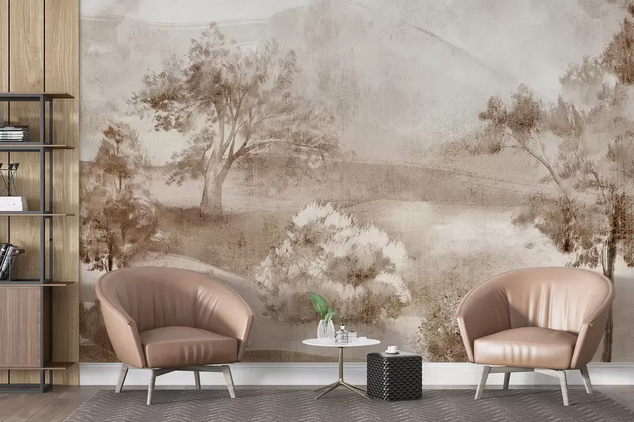 wall murals Landscape painting of a misty countryside scene surrounded by lush trees and foliage in shades of brown w01247