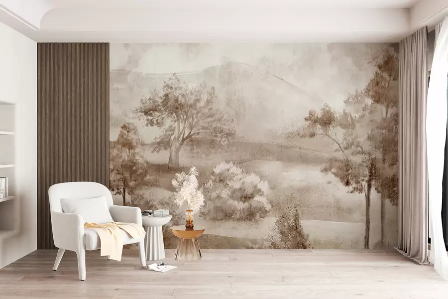 murales Pintura de paisaje de una escena rural brumosa rodeada de frondosos árboles y follaje en tonos marrones w01247