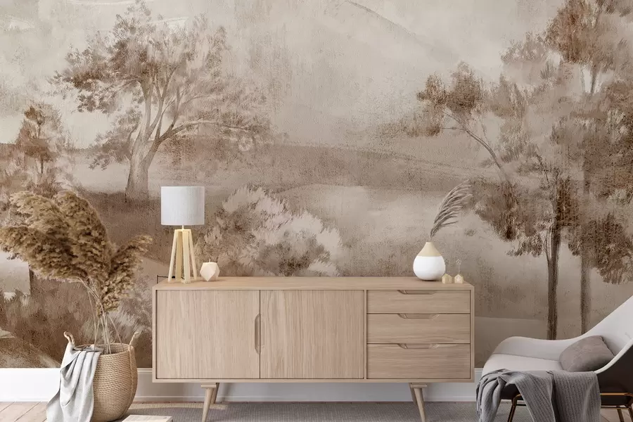 Wall Mural Photo Wallpaper Landscape painting of a misty countryside scene surrounded by lush trees and foliage in shades of brown w01247