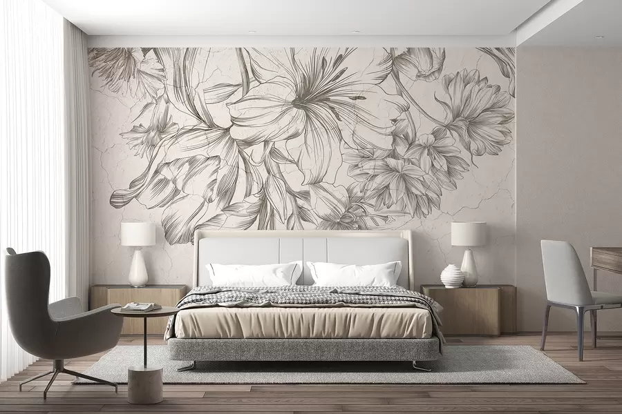 murales Un boceto en blanco y negro de una impresión gráfica de flores grandes w01253