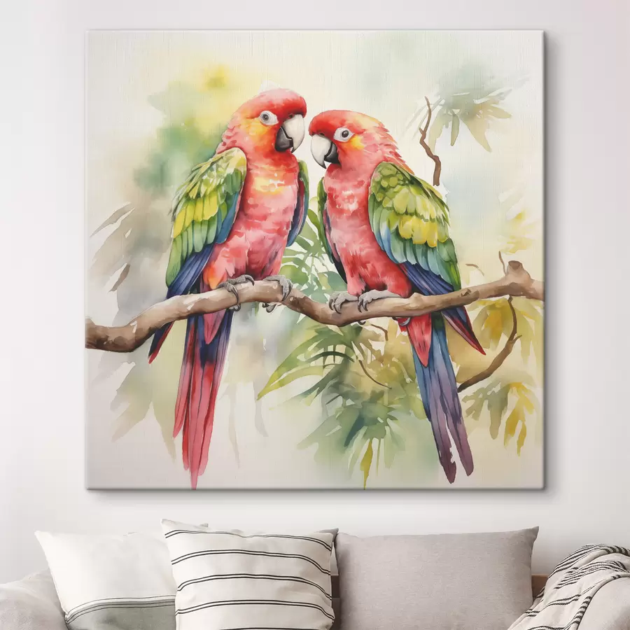 wall murals Two bright macaw parrots sitting on one branch watercolor s39333