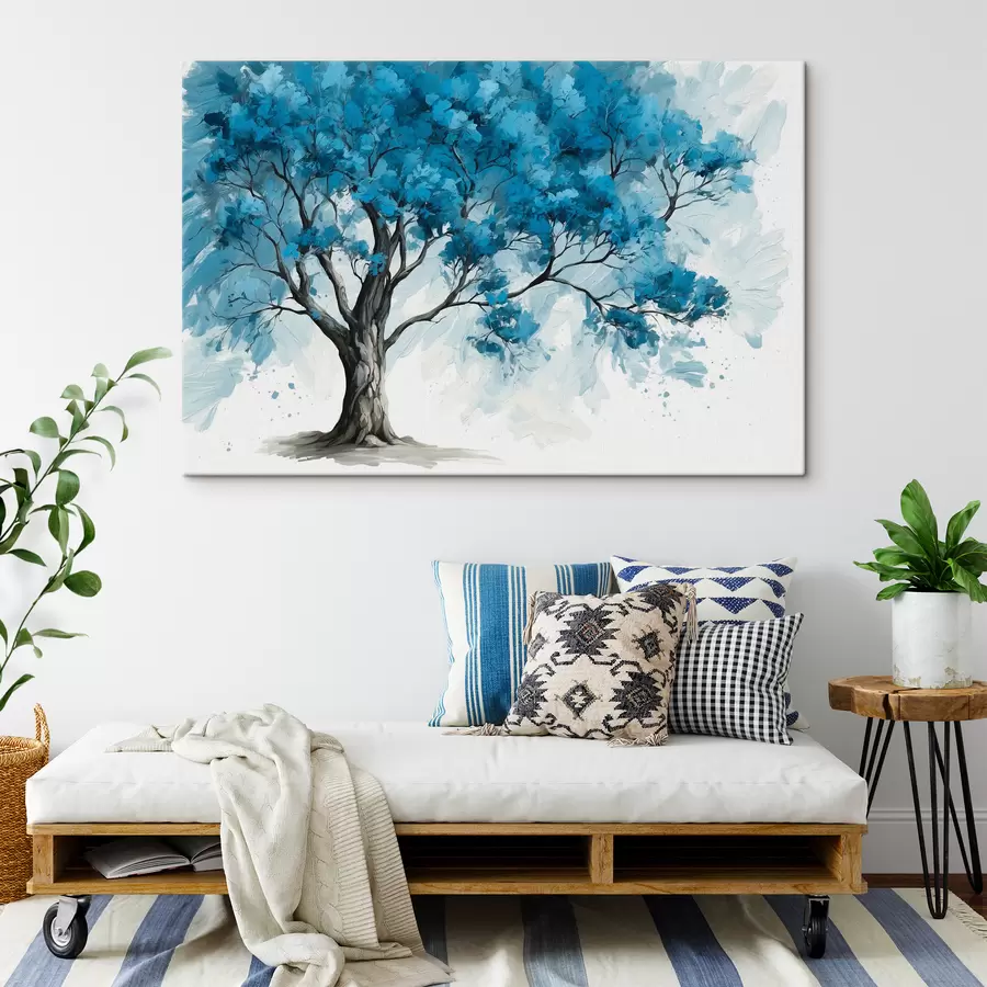 murales Árbol con hojas azules sobre fondo blanco s39153