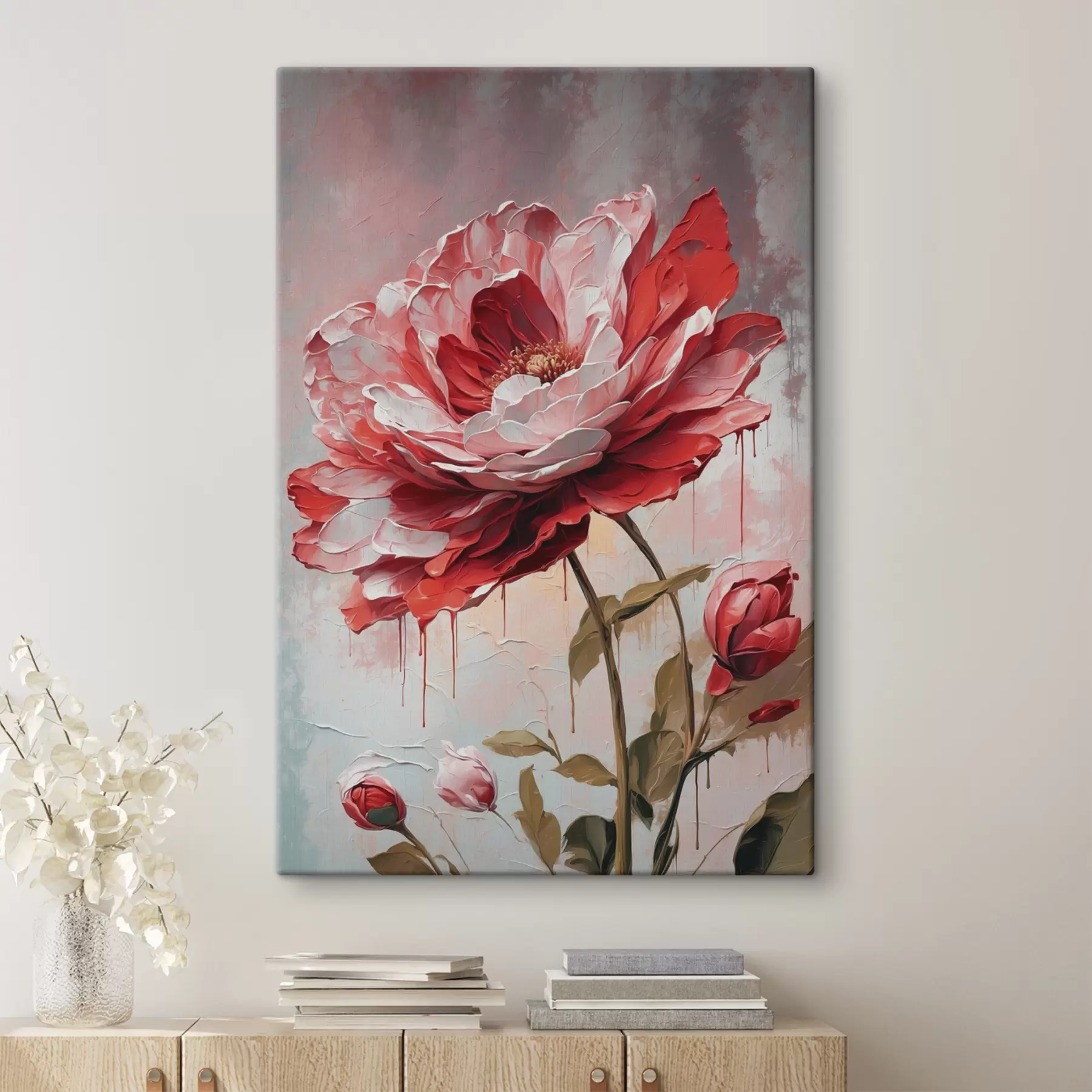 murales Flor roja sobre fondo blanco-gris s39173
