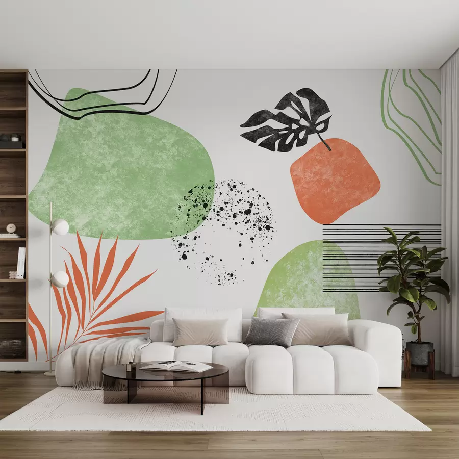 Wall Mural Photo Wallpaper Boho abstraction, texture stains, curved lines, tropical leaves, ink stains, black, green and red color w01298