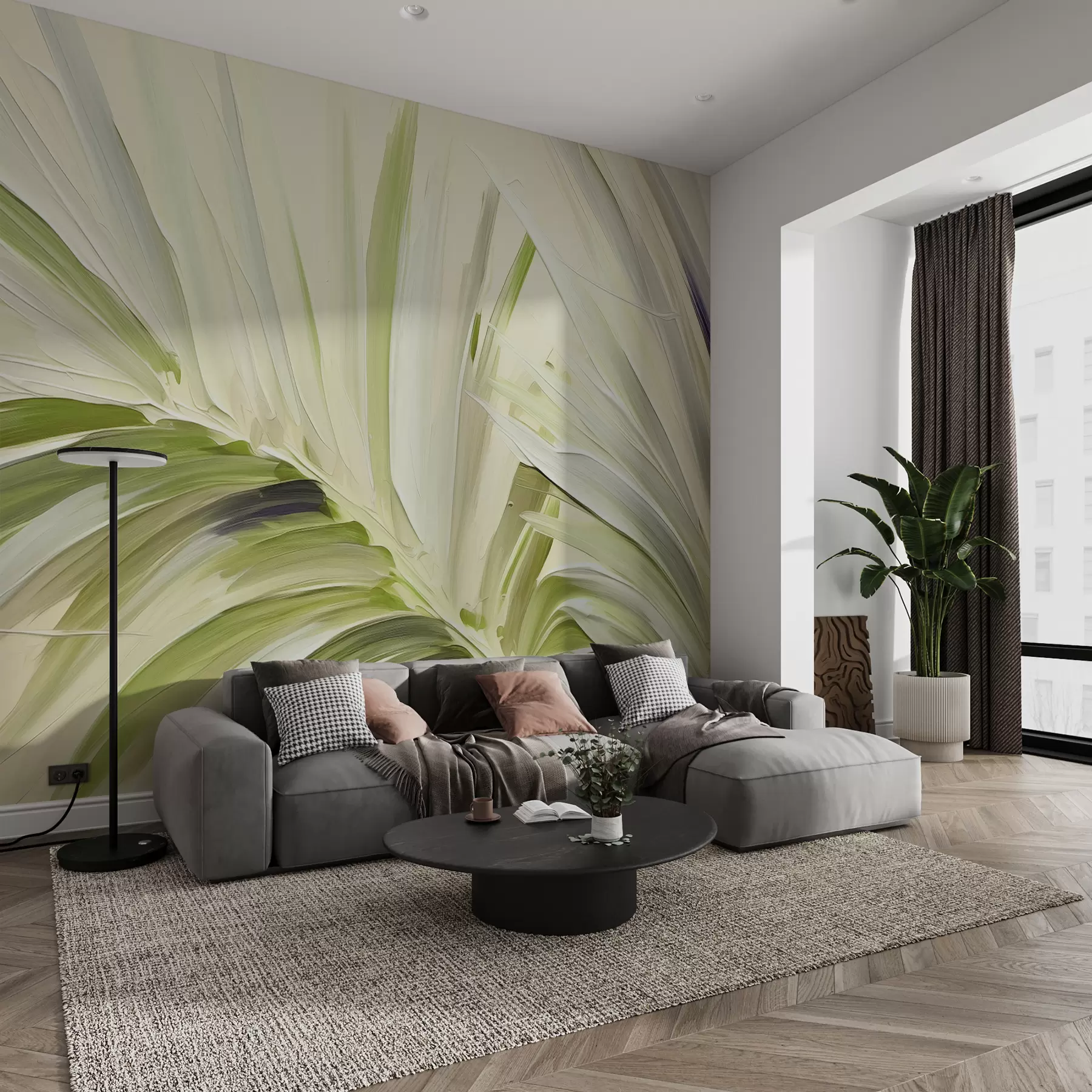 murais de parede Abstração de grandes traços de folha de palmeira tropical ampliada, cor verde w01303