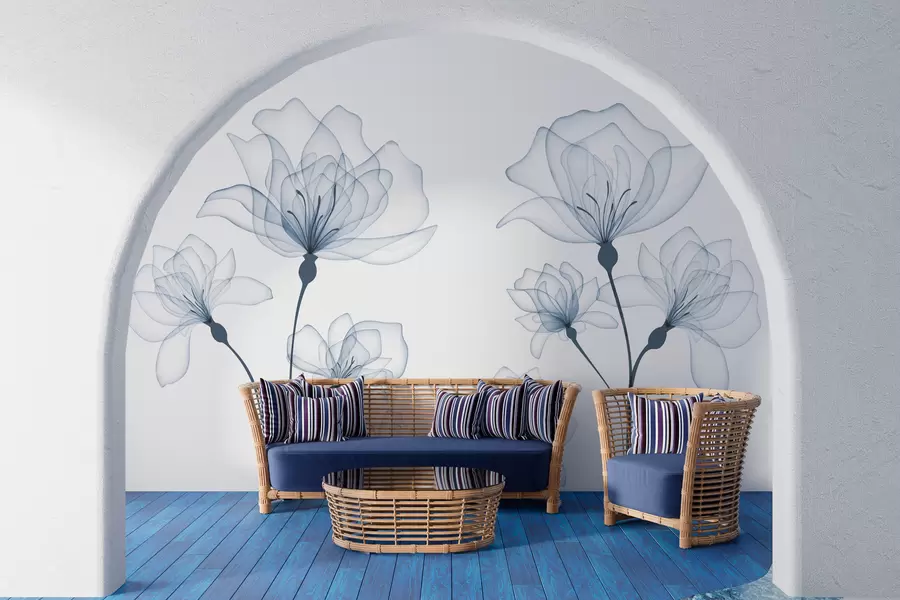 murales Delicadas flores de acuarela azul w00744v1