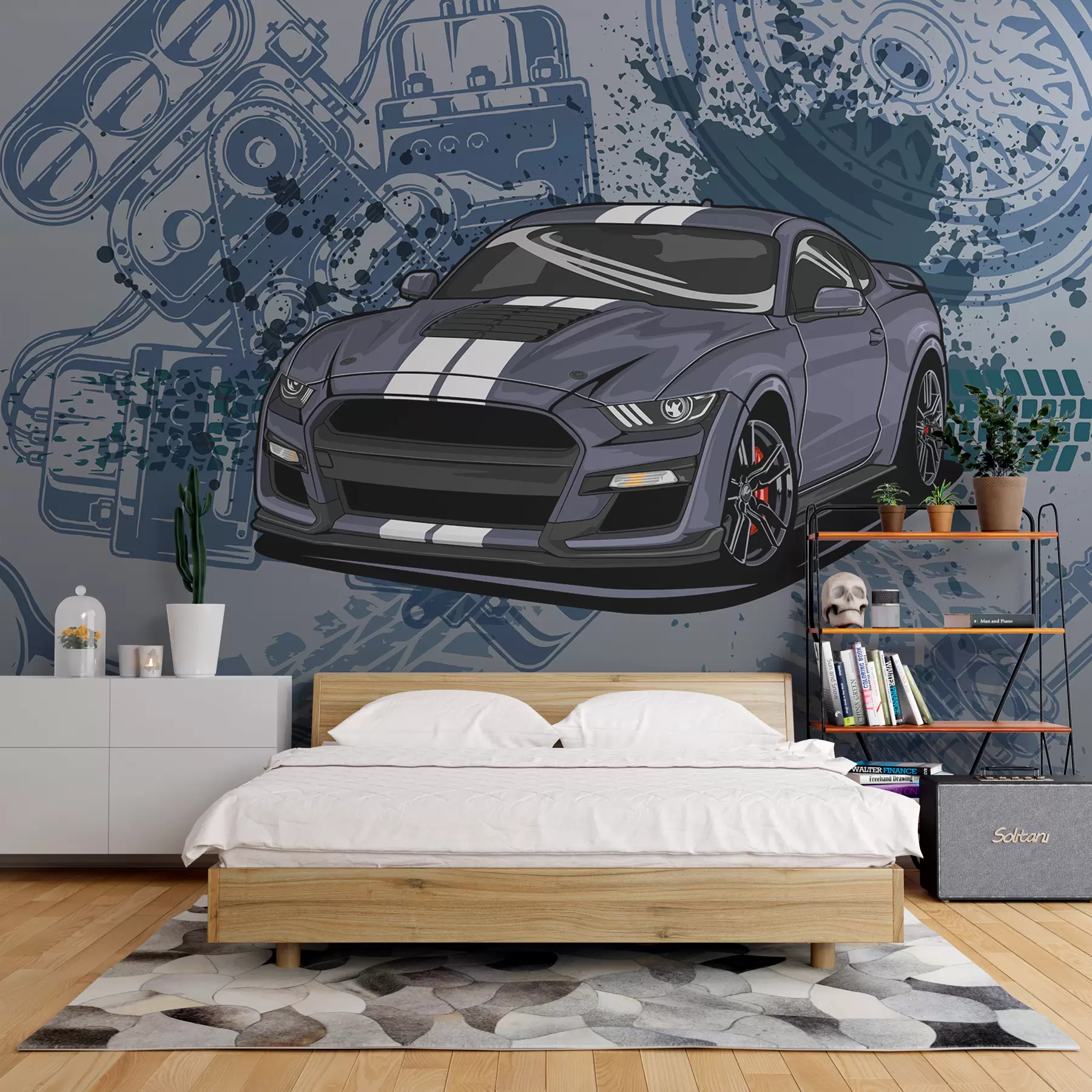 peintures murales Papier peint enfants pour adolescent avec voiture et lettrage graphique en bleu w01218