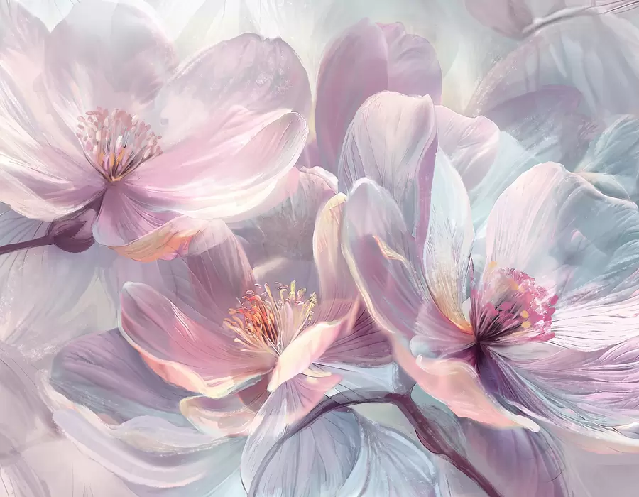 murales Delicadas flores transparentes de neón pastel, rosa claro y blanco, con fondo suave y borroso w01307