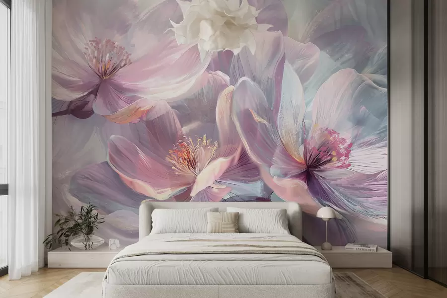 murales Delicadas flores transparentes de neón pastel, rosa claro y blanco, con fondo suave y borroso w01307