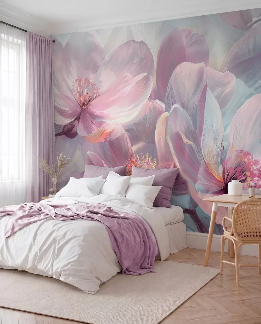peintures murales Délicates fleurs pastel transparentes rose clair et blanches avec un arrière-plan doux et flou w01307