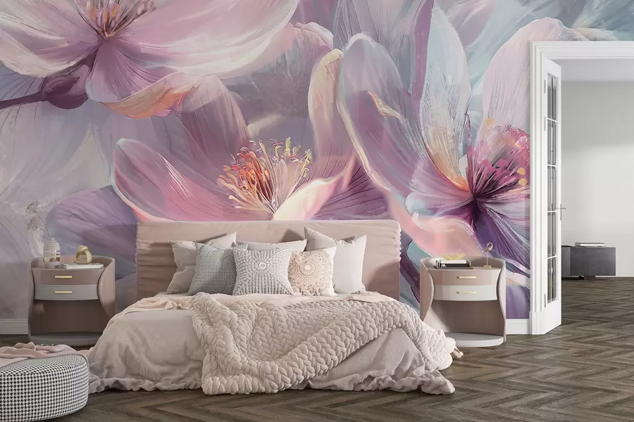 murales Delicadas flores transparentes de neón pastel, rosa claro y blanco, con fondo suave y borroso w01307