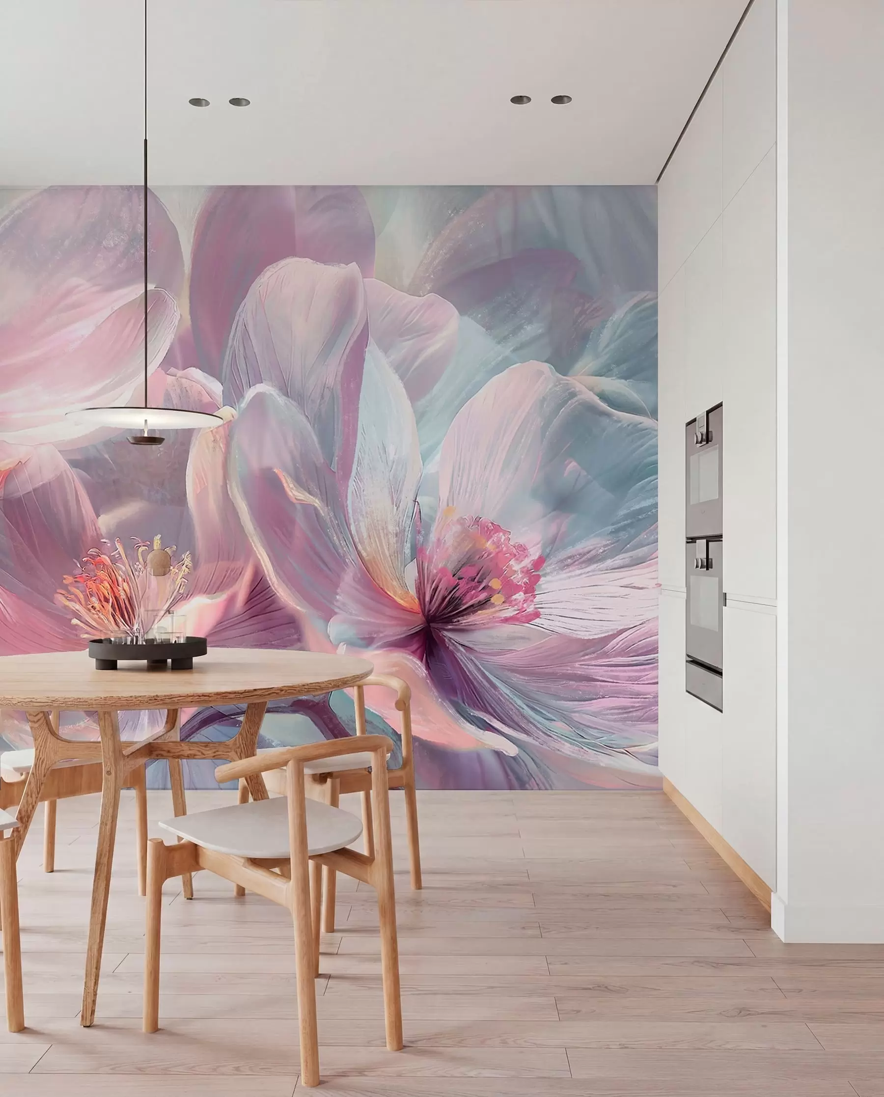 wall murals Delicate transparent pastel neon light pink and white flowers with soft, blurred background w01307