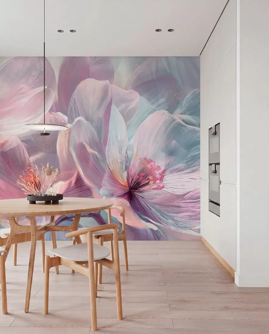 peintures murales Délicates fleurs pastel transparentes rose clair et blanches avec un arrière-plan doux et flou w01307