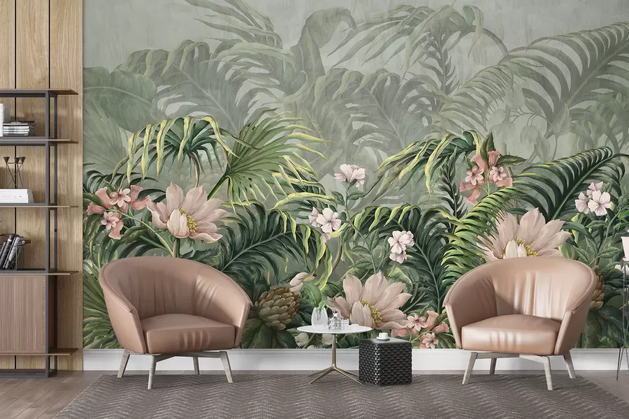 murales Una exuberante selva tropical, hojas de palmeras verdes y helechos en primer plano con flores w01309