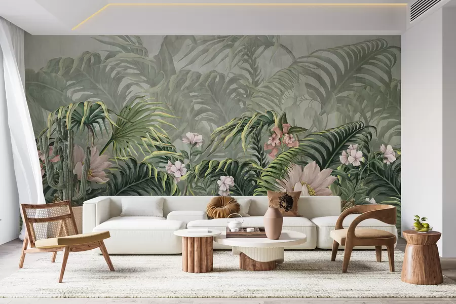 Wall Mural Photo Wallpaper A lush tropical jungle green palm leaves and ferns in the foreground with flowers  w01309