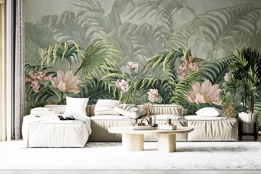murales Una exuberante selva tropical, hojas de palmeras verdes y helechos en primer plano con flores w01309